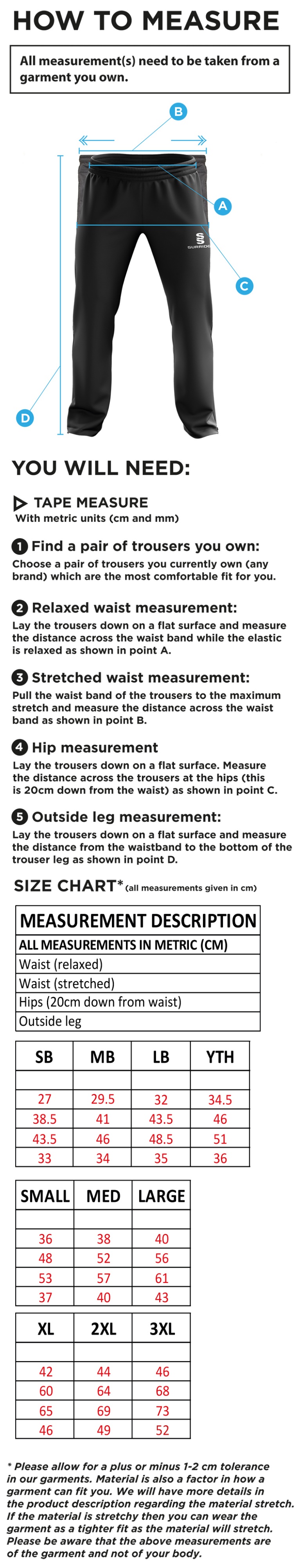 Stacksteads CC - Ripstop Track Pant - Size Guide