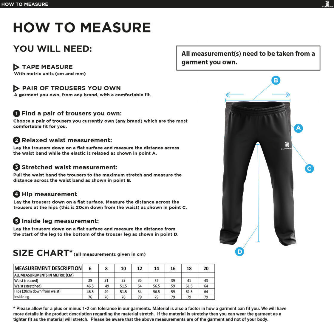Stacksteads CC - Women's Poplin Track Pant - Size Guide