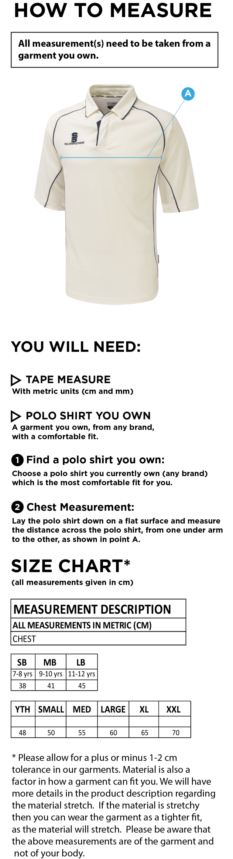 Stacksteads CC - Premier 3/4 Sleeve Maroon Trim Shirt - Size Guide