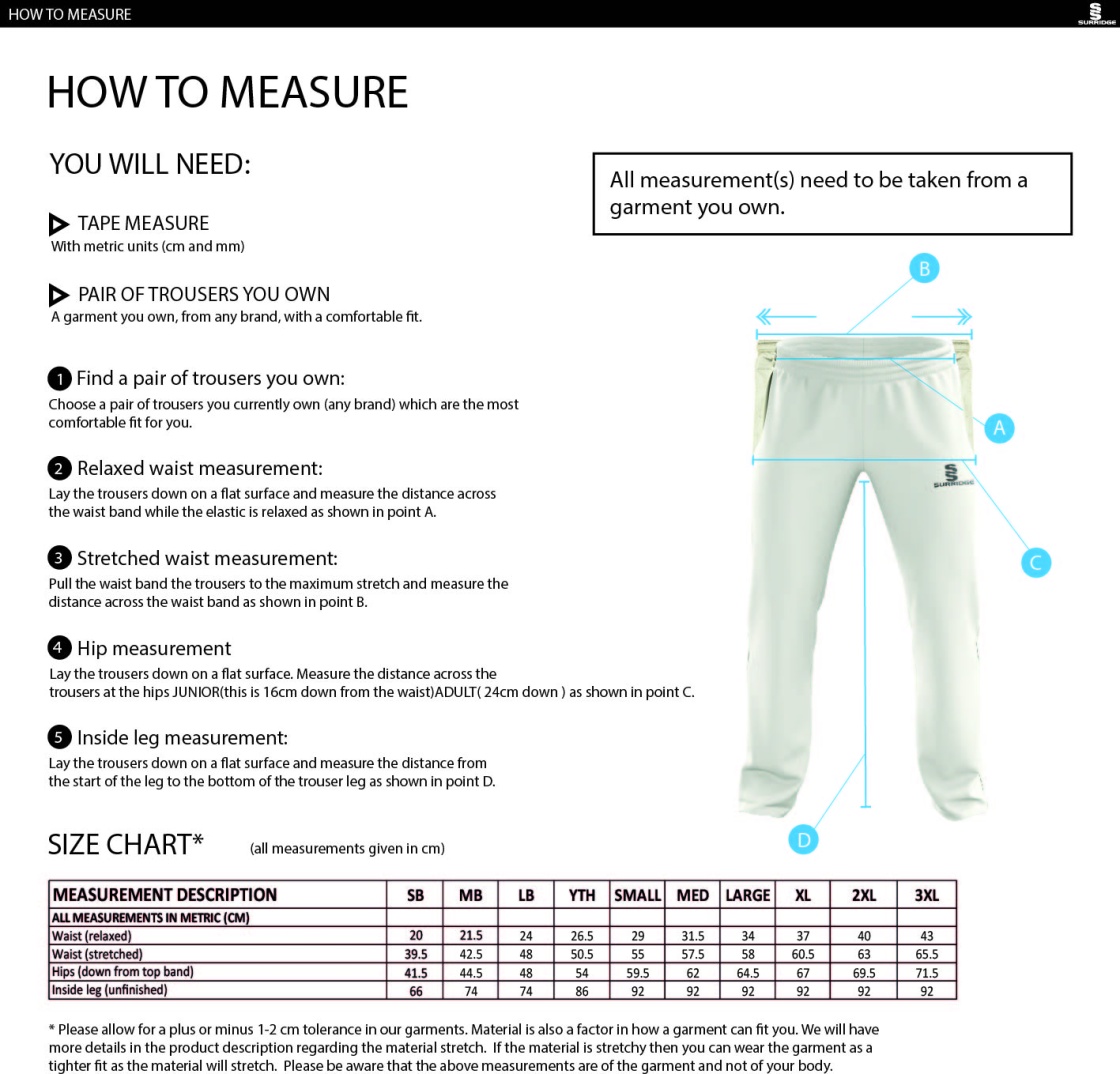 Stacksteads CC - Standard Playing Pant - Size Guide