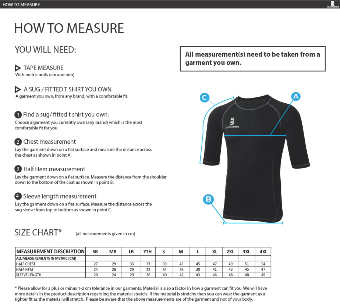Stacksteads CC - Premier Short Sleeve Sug - Size Guide