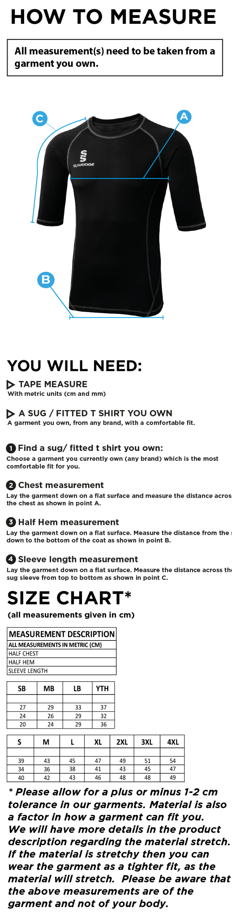 Stacksteads CC - Premier Short Sleeve Sug - Size Guide