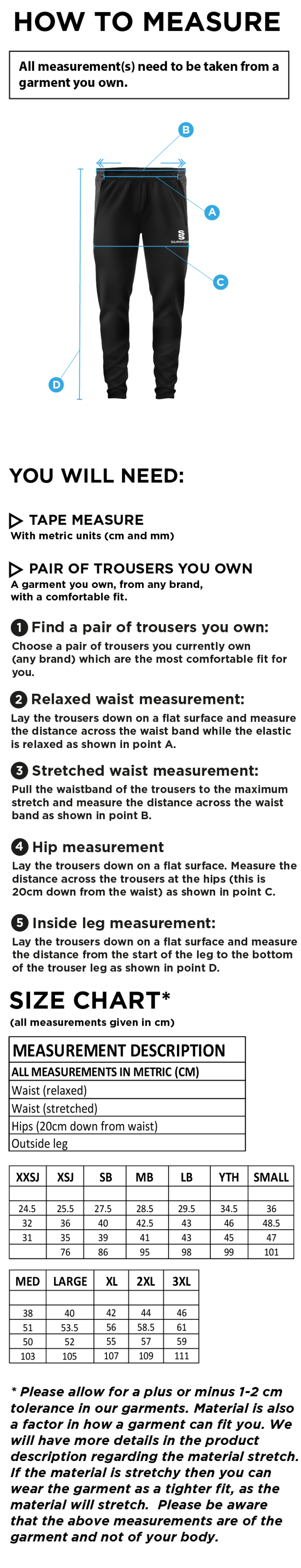 Stacksteads CC - Tek Slim Pant - Size Guide