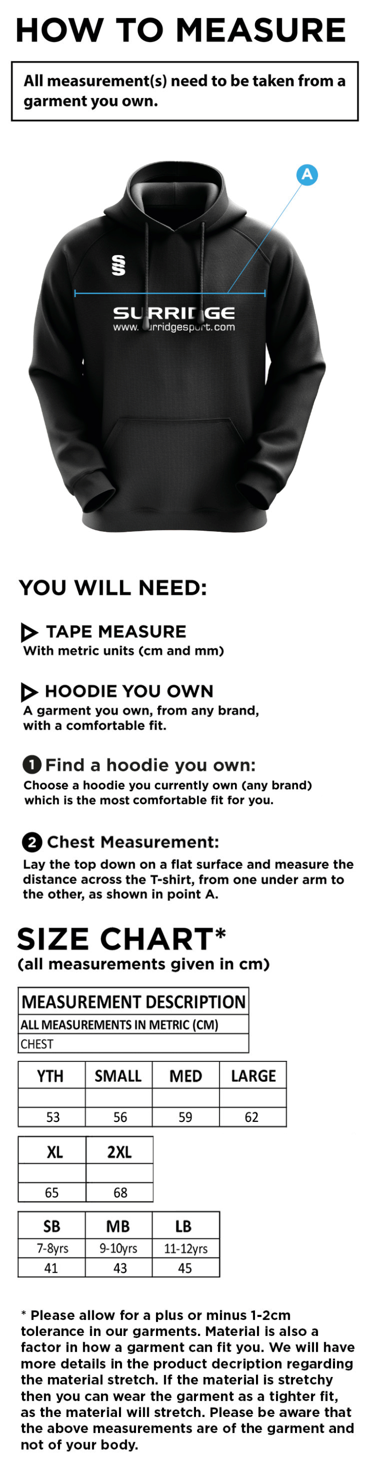 Stacksteads CC - Blade Hoody - Size Guide