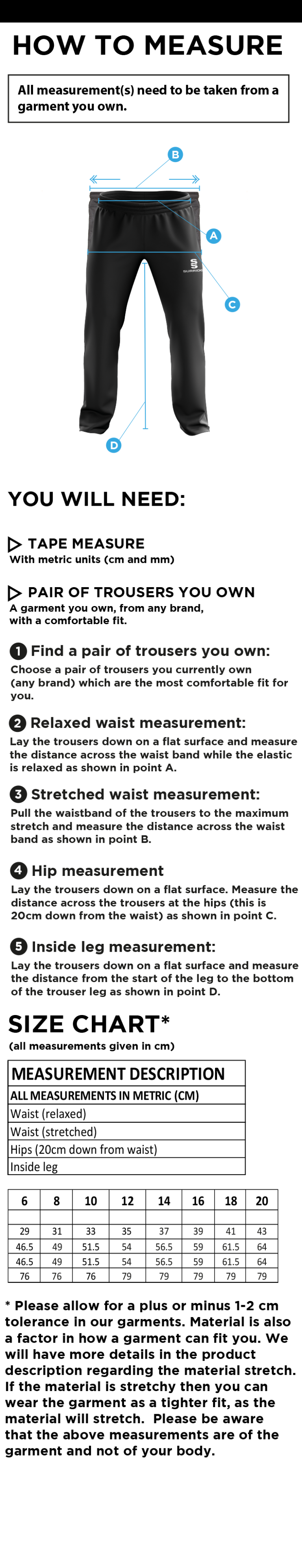 Stacksteads CC - Women's Poplin Track Pant - Size Guide