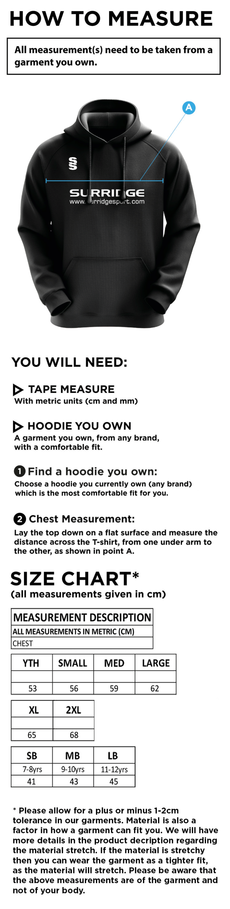Stacksteads CC - Blade Hoody - Size Guide