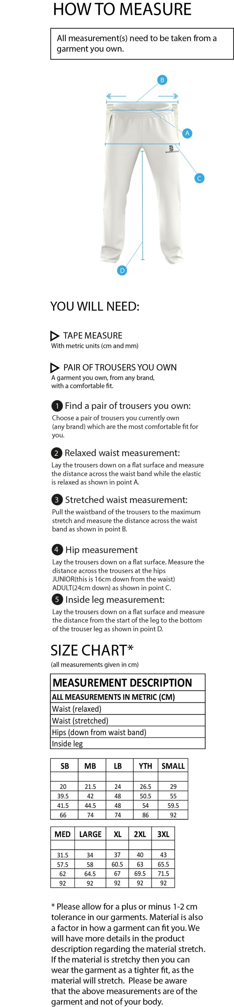 Stacksteads CC - Standard Playing Pant - Size Guide