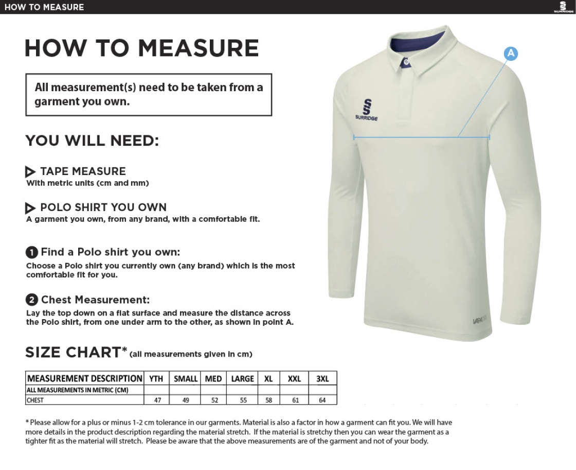 Stacksteads CC - Ergo Long Sleeve Maroon Trim Shirt - Size Guide