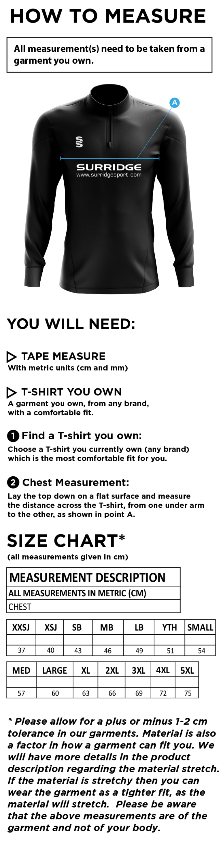 Stacksteads CC - Blade Performance Top - Size Guide