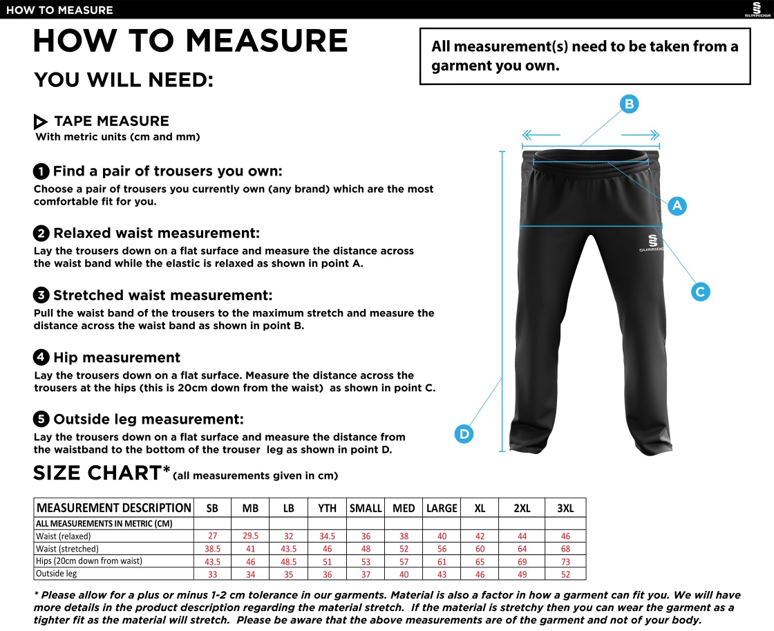 Stacksteads CC - Ripstop Track Pant - Size Guide